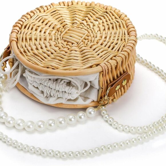 Luxury 8" Boho Straw Tote with Secure Drawstring - Pearl Handle Design - Picture 4 of 8